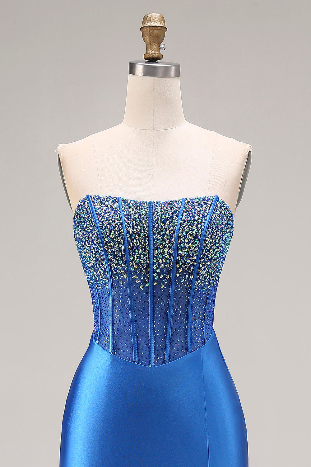 Royal Blue Mermaid Beaded Strapless Maxi Corset Prom Dress with Slit