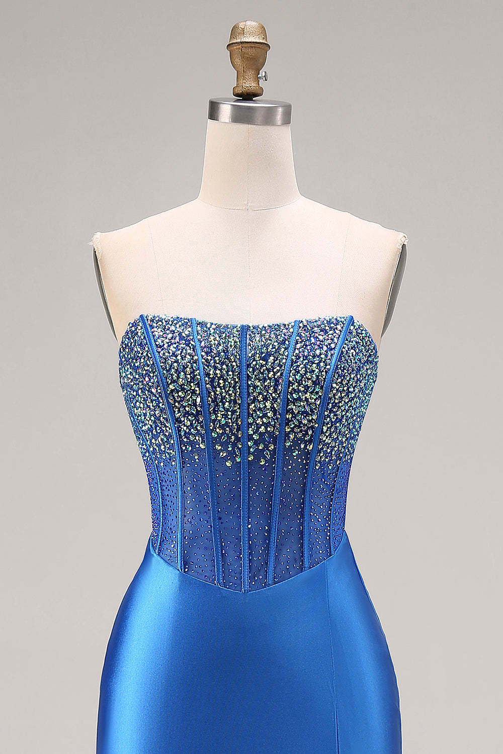 Royal Blue Mermaid Beaded Strapless Maxi Corset Prom Dress with Slit