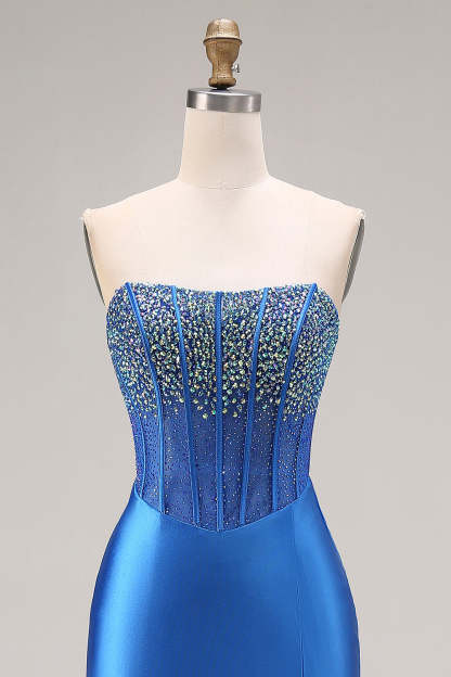 Royal Blue Mermaid Beaded Strapless Maxi Corset Prom Dress with Slit