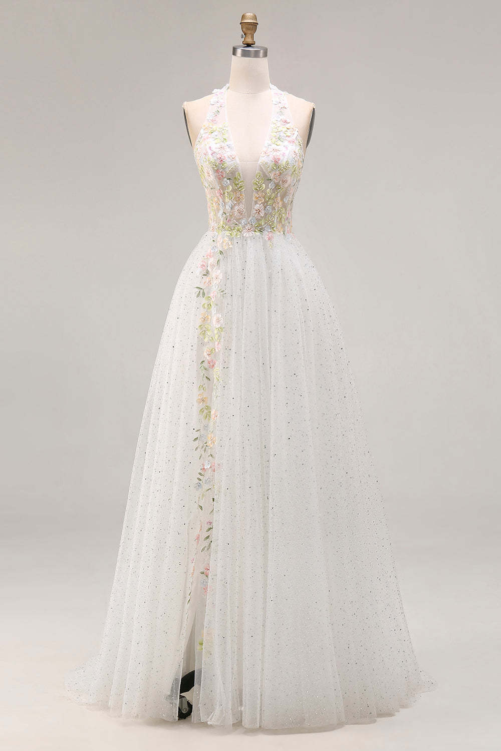 Leely Women White Floral Tulle Corset Long Prom Dress with Beading Halter Neck A-Line Backless Pageant Dress