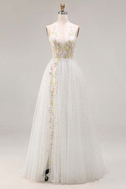 Leely Women White Floral Tulle Corset Long Prom Dress with Beading Halter Neck A-Line Backless Pageant Dress