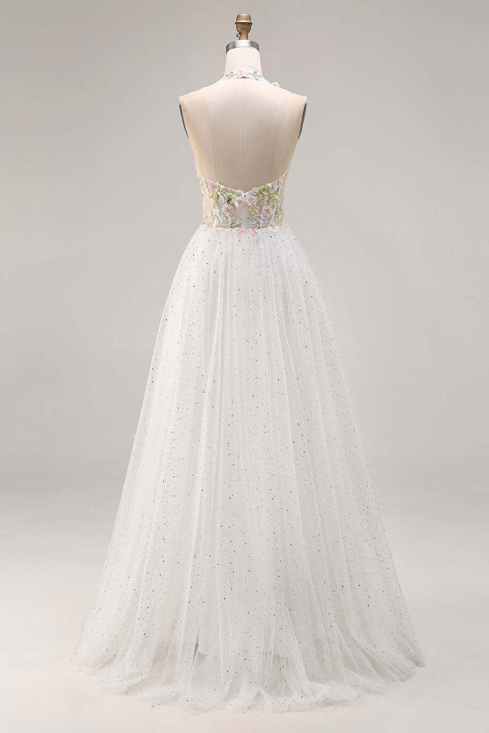 White Tulle Halter Long A-Line Corset Pleated Floral Prom Dress with Beading