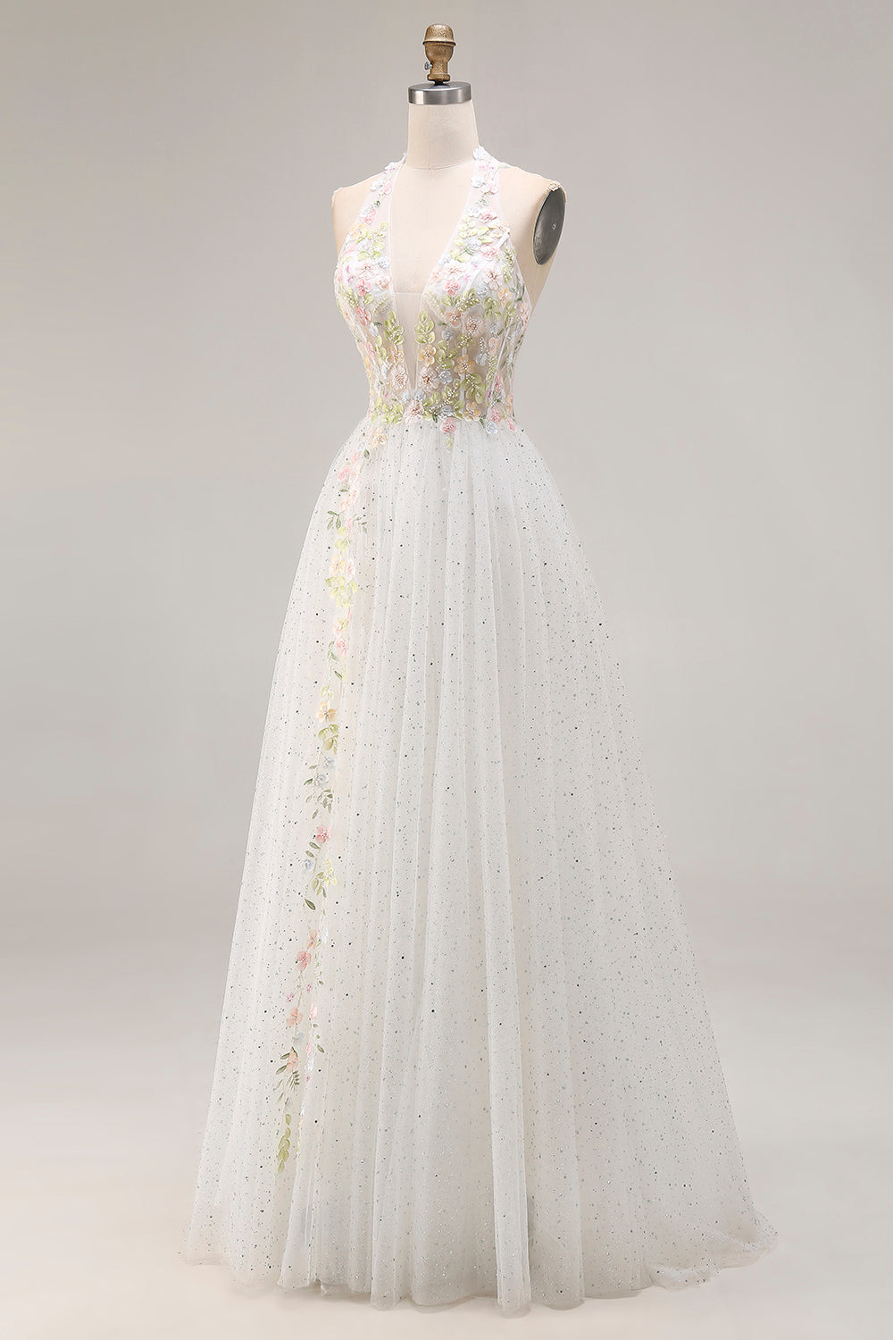 White Tulle Halter Long A-Line Corset Pleated Floral Prom Dress with Beading