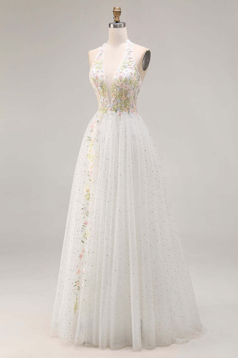 White Tulle Halter Long A-Line Corset Pleated Floral Prom Dress with Beading