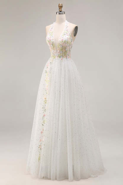 White Tulle Halter Long A-Line Corset Pleated Floral Prom Dress with Beading