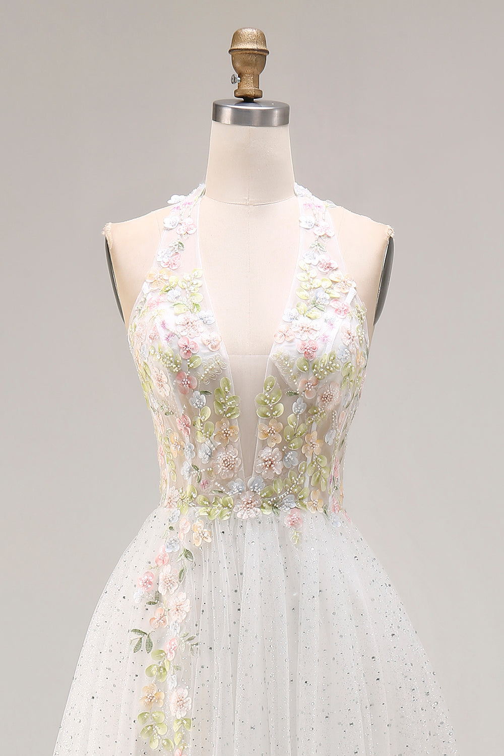 White Tulle Halter Long A-Line Corset Pleated Floral Prom Dress with Beading
