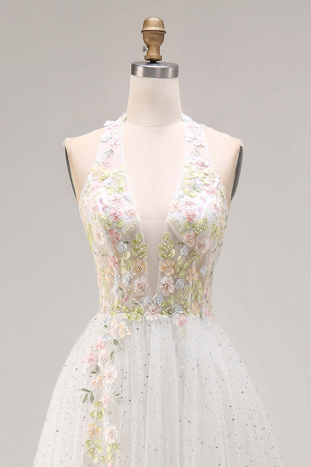 White Tulle Halter Long A-Line Corset Pleated Floral Prom Dress with Beading
