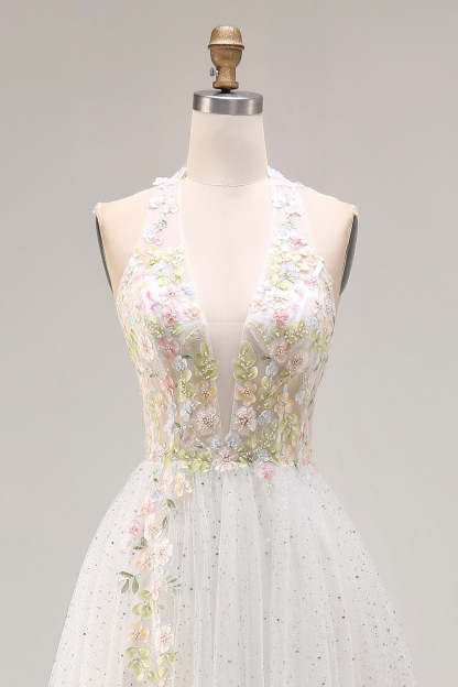 White Tulle Halter Long A-Line Corset Pleated Floral Prom Dress with Beading