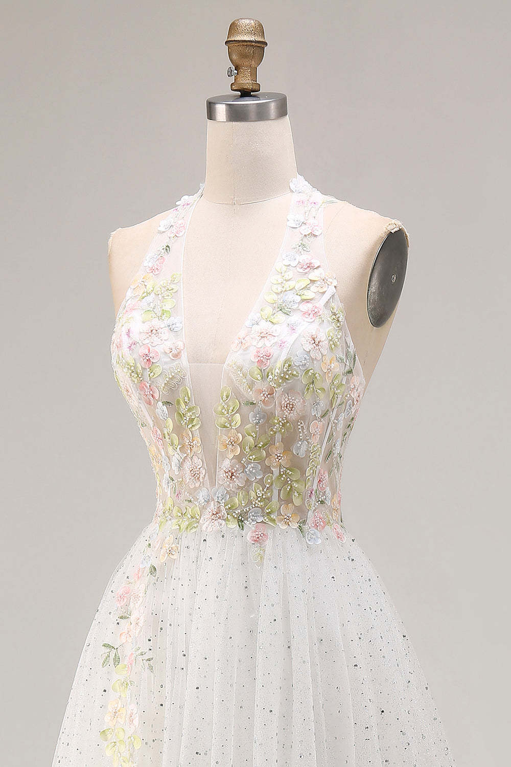 White Tulle Halter Long A-Line Corset Pleated Floral Prom Dress with Beading