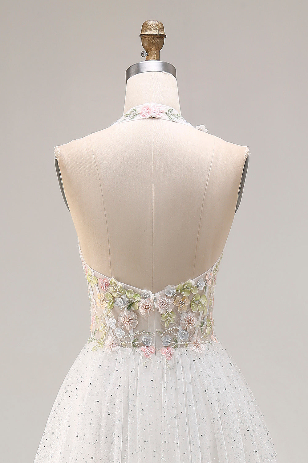 White Tulle Halter Long A-Line Corset Pleated Floral Prom Dress with Beading
