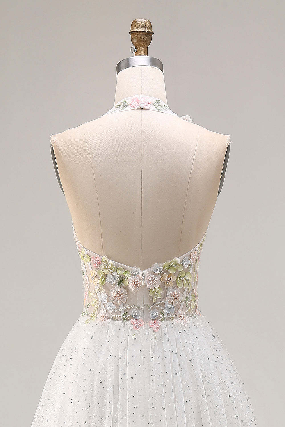 White Tulle Halter Long A-Line Corset Pleated Floral Prom Dress with Beading