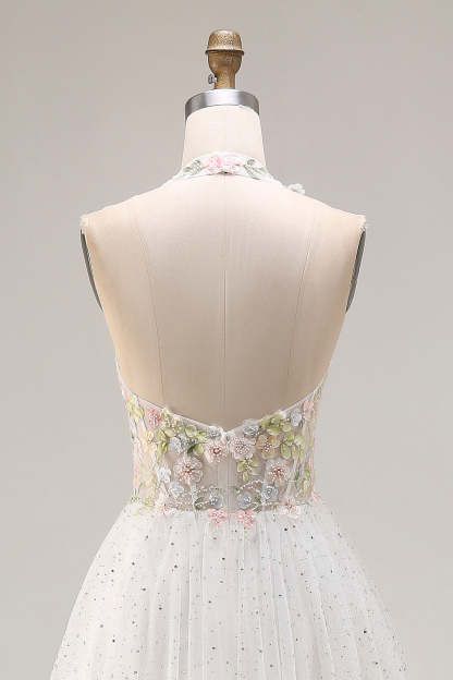 White Tulle Halter Long A-Line Corset Pleated Floral Prom Dress with Beading