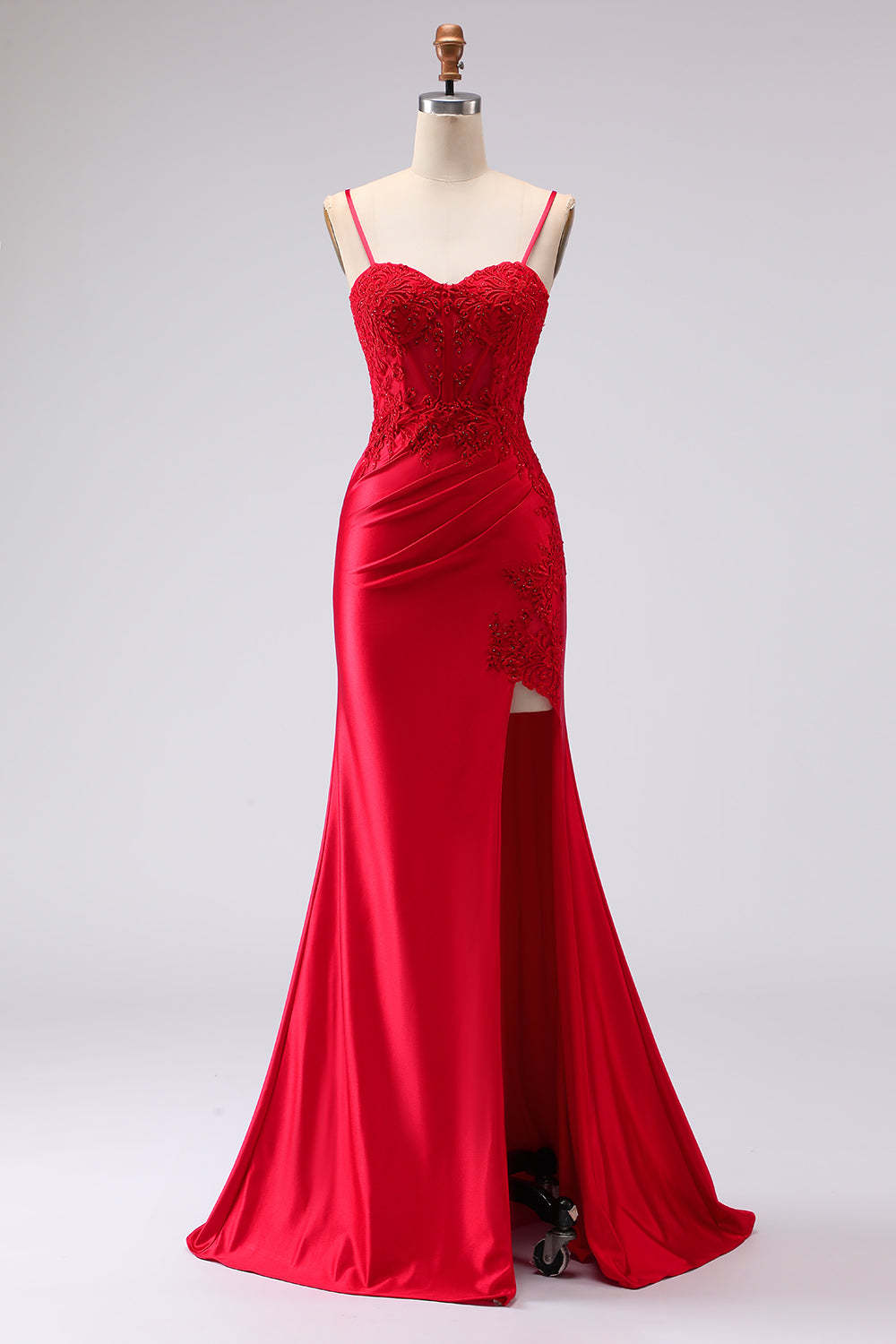 Leely Women Red Floral Mermaid Maxi Prom Dress with Slit Satin Ruched Appliqued Spaghetti Straps Gala Dress