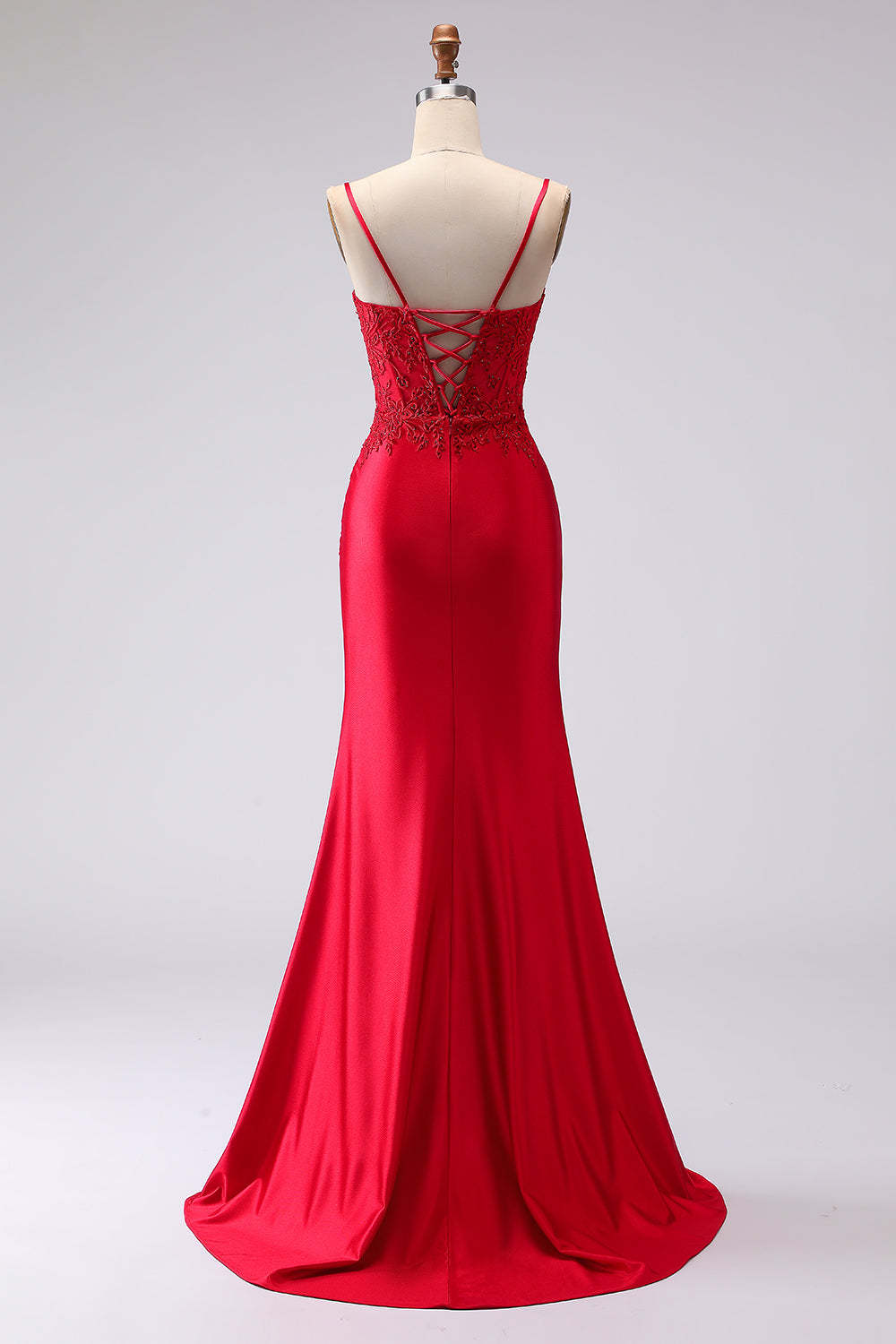 Red Mermaid Appliqued Spaghetti Straps Maxi Prom Dress with Slit