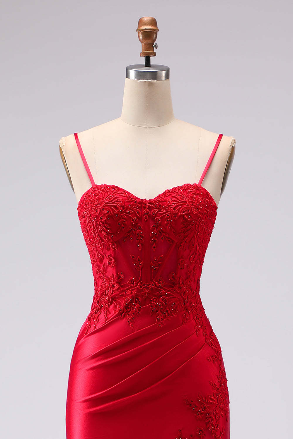 Red Mermaid Appliqued Spaghetti Straps Maxi Prom Dress with Slit