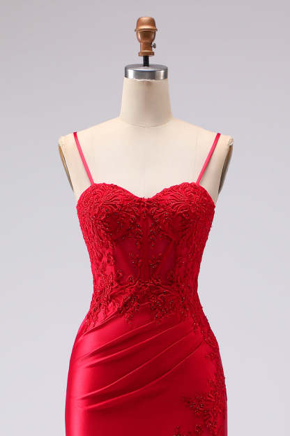 Red Mermaid Appliqued Spaghetti Straps Maxi Prom Dress with Slit