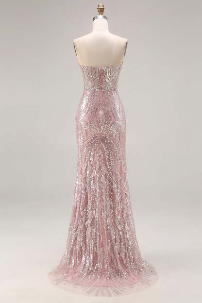 Sparkly Light Pink Beaded Mermaid Strapless Long Corset Prom Dress
