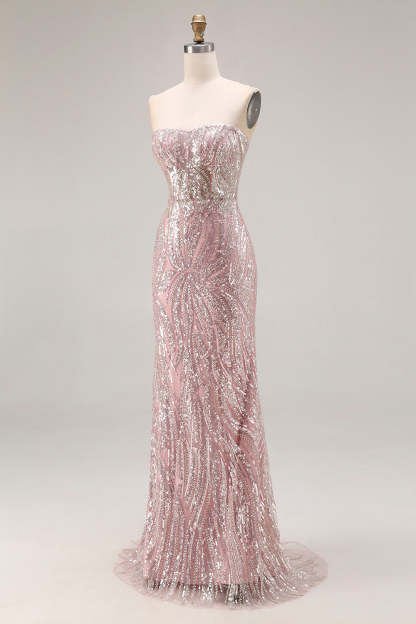 Sparkly Light Pink Beaded Mermaid Strapless Long Corset Prom Dress