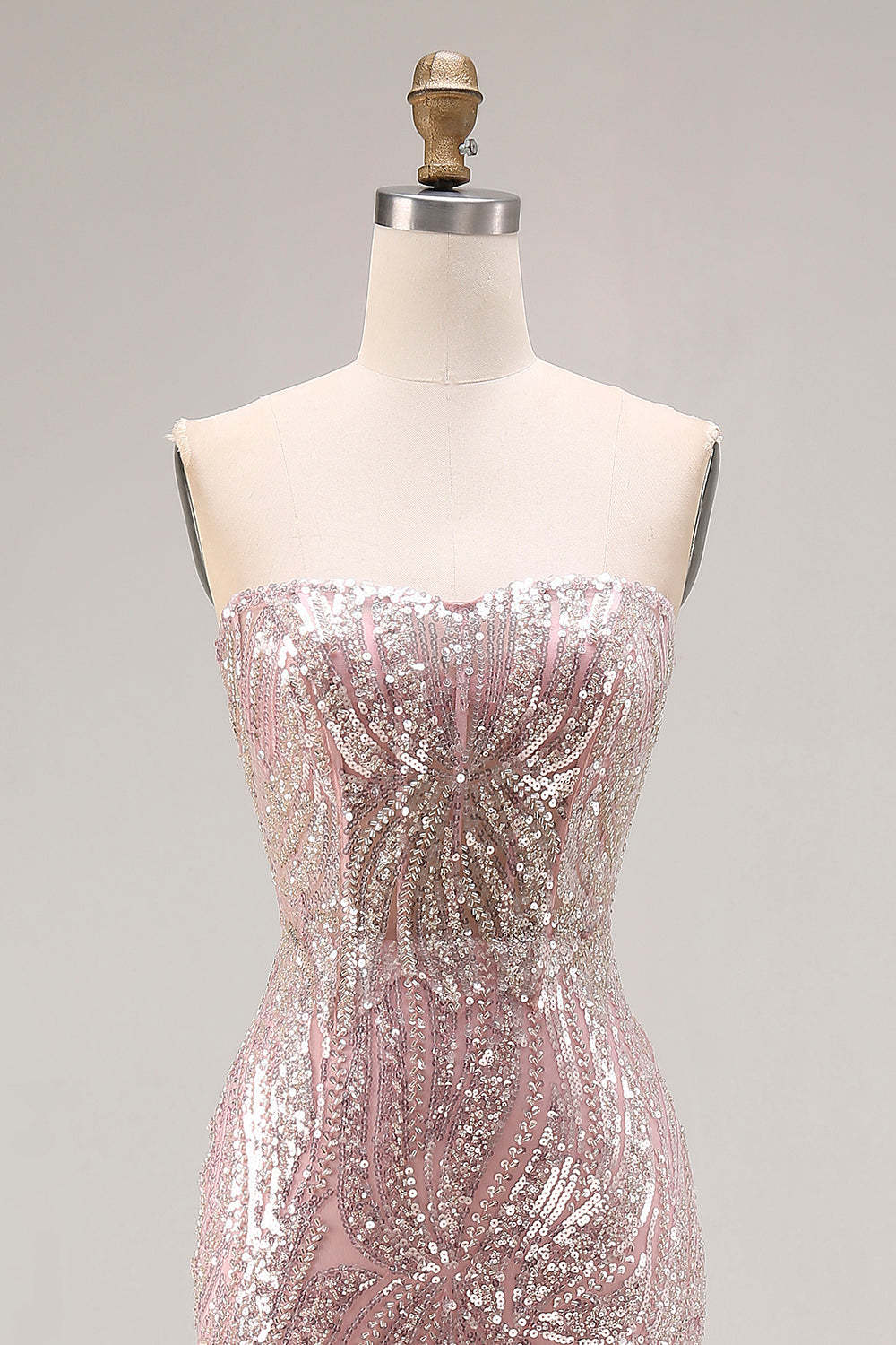 Sparkly Light Pink Beaded Mermaid Strapless Long Corset Prom Dress