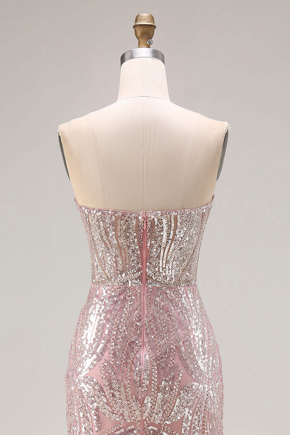 Sparkly Light Pink Beaded Mermaid Strapless Long Corset Prom Dress