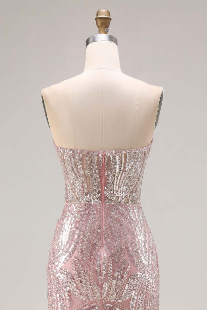 Sparkly Light Pink Beaded Mermaid Strapless Long Corset Prom Dress