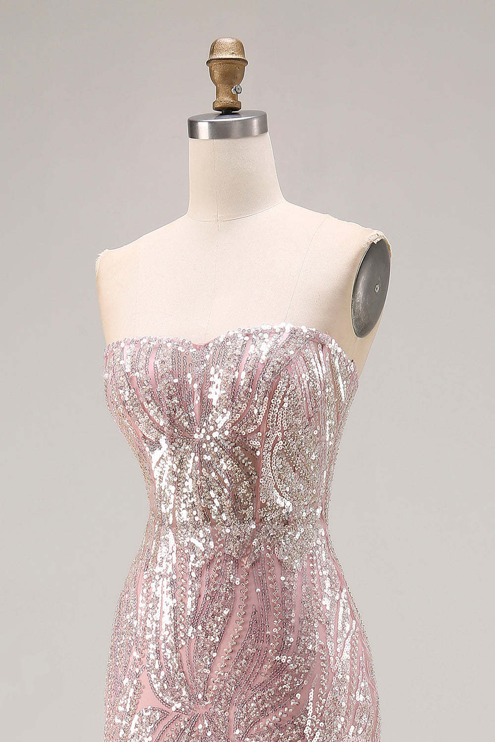 Sparkly Light Pink Beaded Mermaid Strapless Long Corset Prom Dress