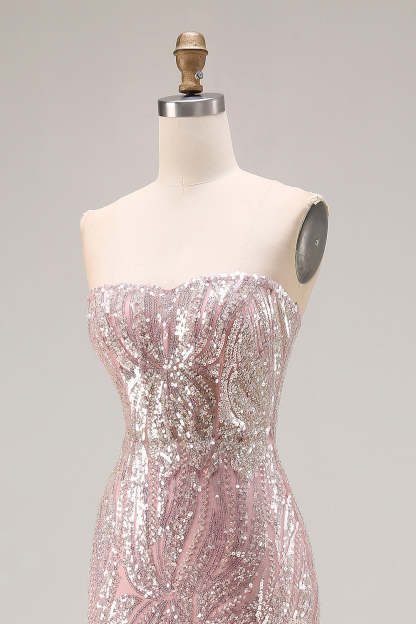 Sparkly Light Pink Beaded Mermaid Strapless Long Corset Prom Dress