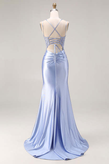 Dusty Blue Mermaid Spaghetti Straps Maxi Prom Dress with Slit