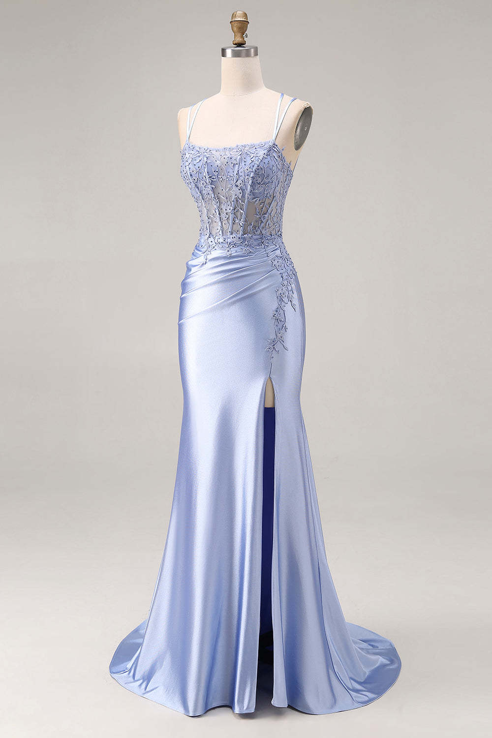 Dusty Blue Mermaid Spaghetti Straps Maxi Prom Dress with Slit
