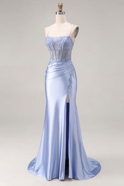 Dusty Blue Mermaid Spaghetti Straps Maxi Prom Dress with Slit