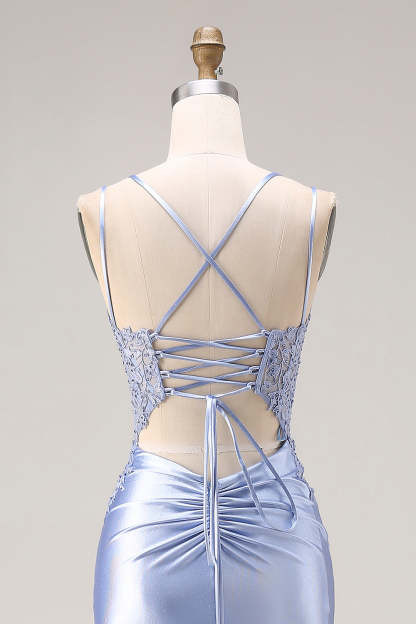 Dusty Blue Mermaid Spaghetti Straps Maxi Prom Dress with Slit