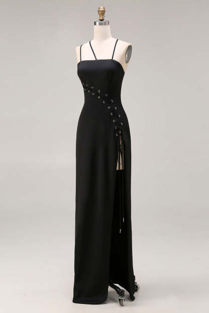 Black Spaghetti Straps Mermaid Maxi Prom Dress with Slit
