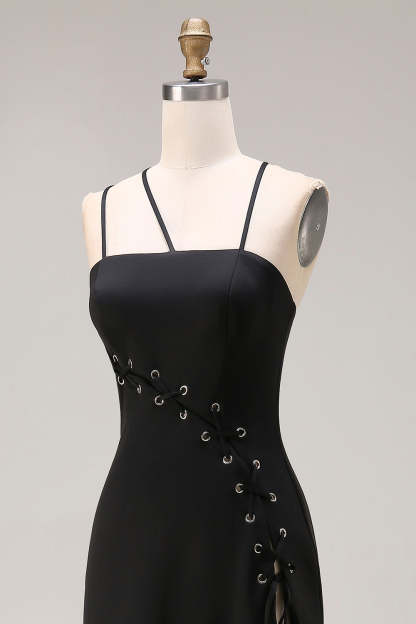 Black Spaghetti Straps Mermaid Maxi Prom Dress with Slit