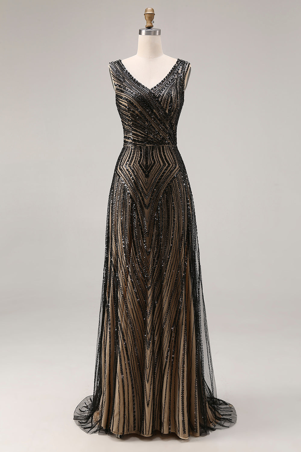 Leely Women Sparkly Beaded Maxi Prom Dress V-Neck A Line Black Tie Dress