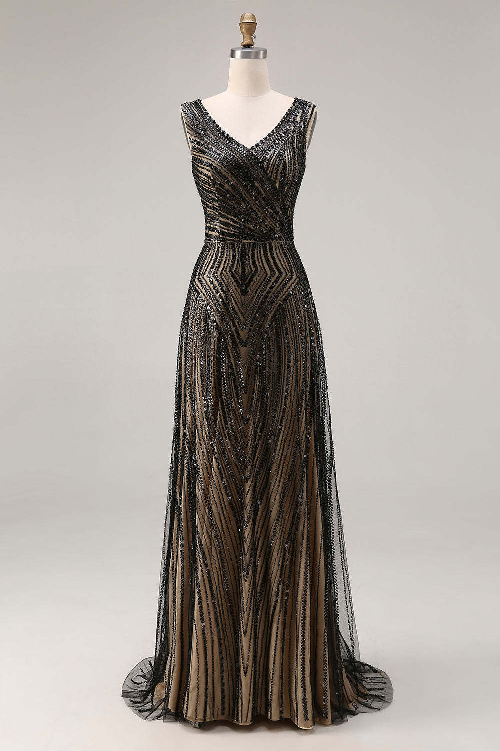 Leely Women Sparkly Beaded Maxi Prom Dress V-Neck A Line Black Tie Dress