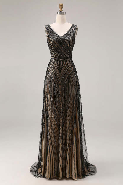 Leely Women Sparkly Beaded Maxi Prom Dress V-Neck A Line Black Tie Dress