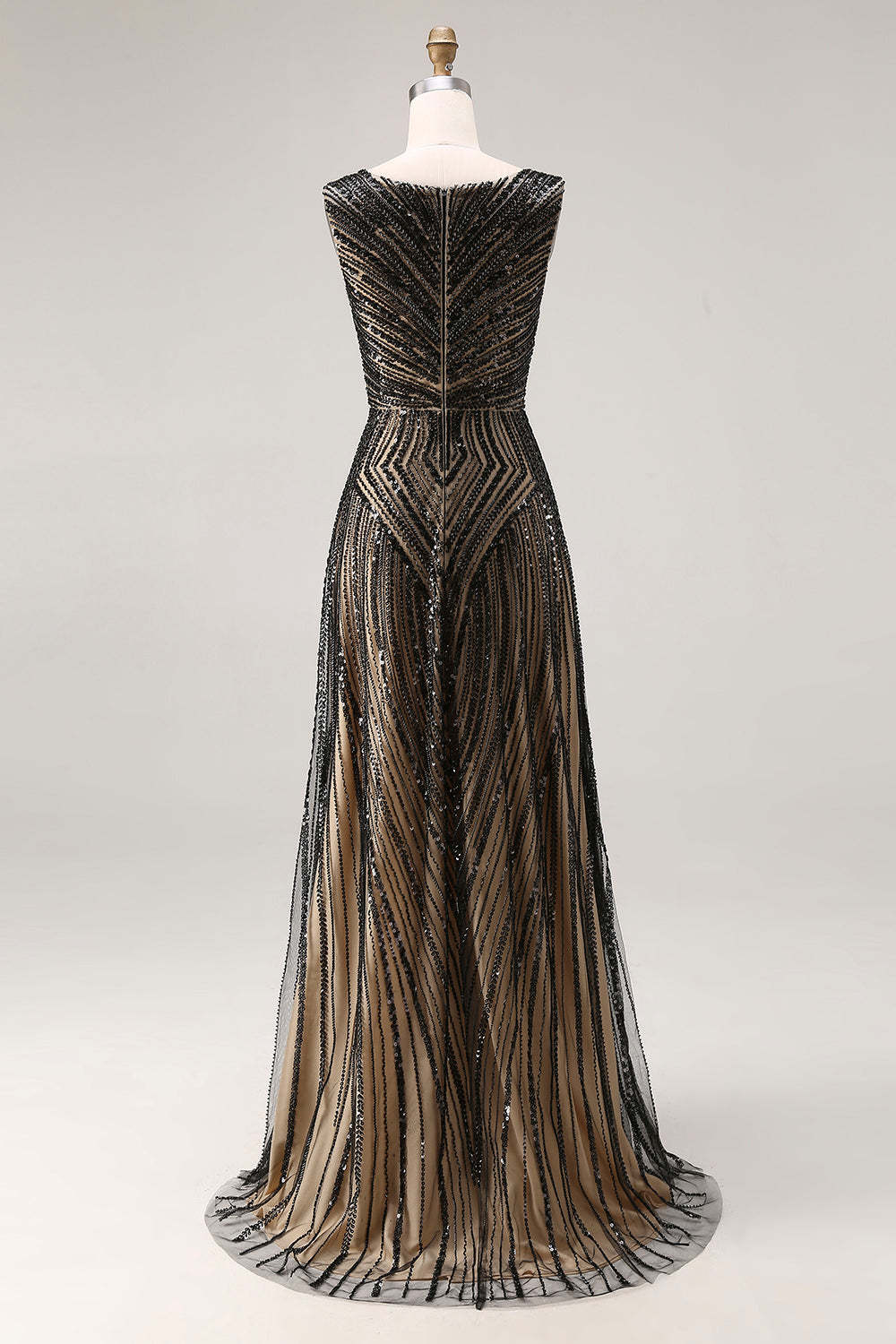 Sparkly Black Beaded V-Neck A Line Maxi Prom Dress