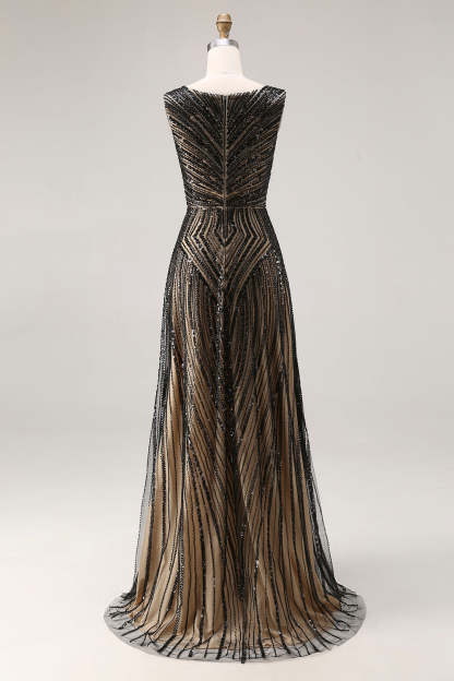 Sparkly Black Beaded V-Neck A Line Maxi Prom Dress