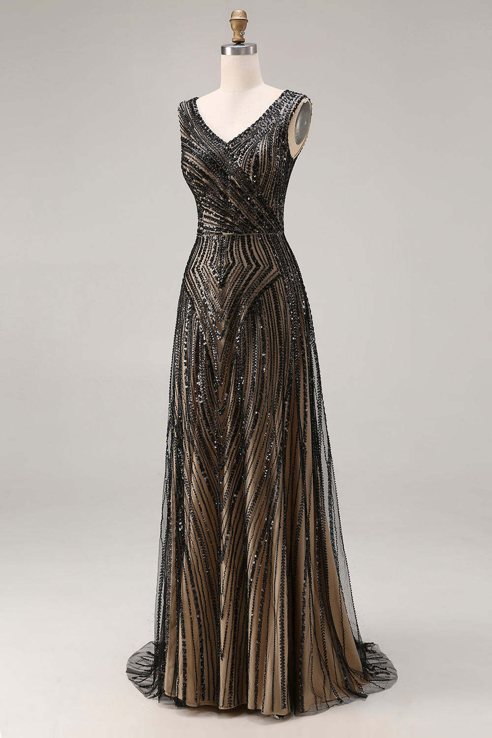 Sparkly Black Beaded V-Neck A Line Maxi Prom Dress