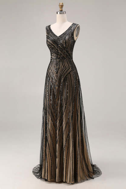 Sparkly Black Beaded V-Neck A Line Maxi Prom Dress