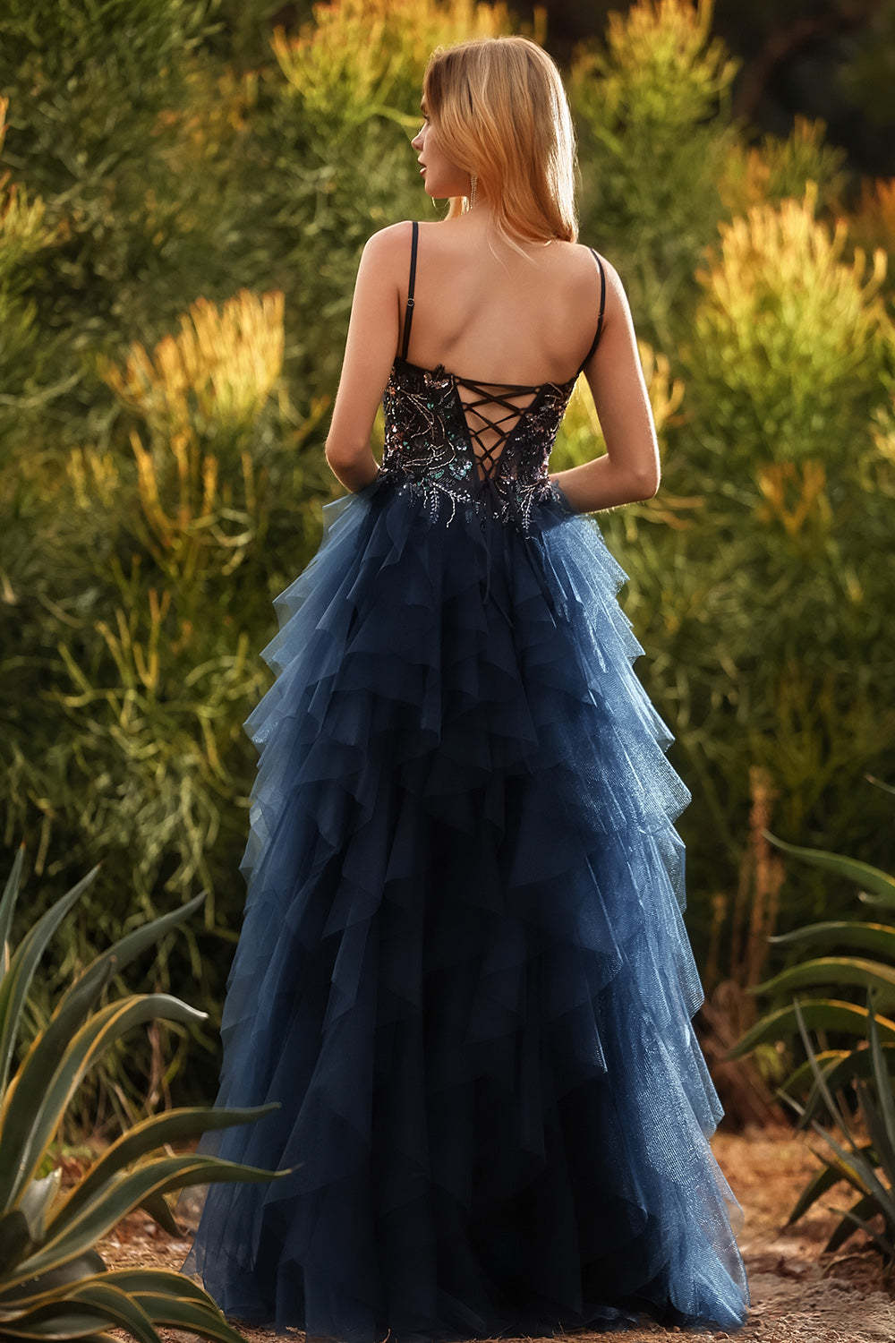 Sparkly Navy Spaghetti Straps Princess Ruffled Maxi Prom Dress with Slit