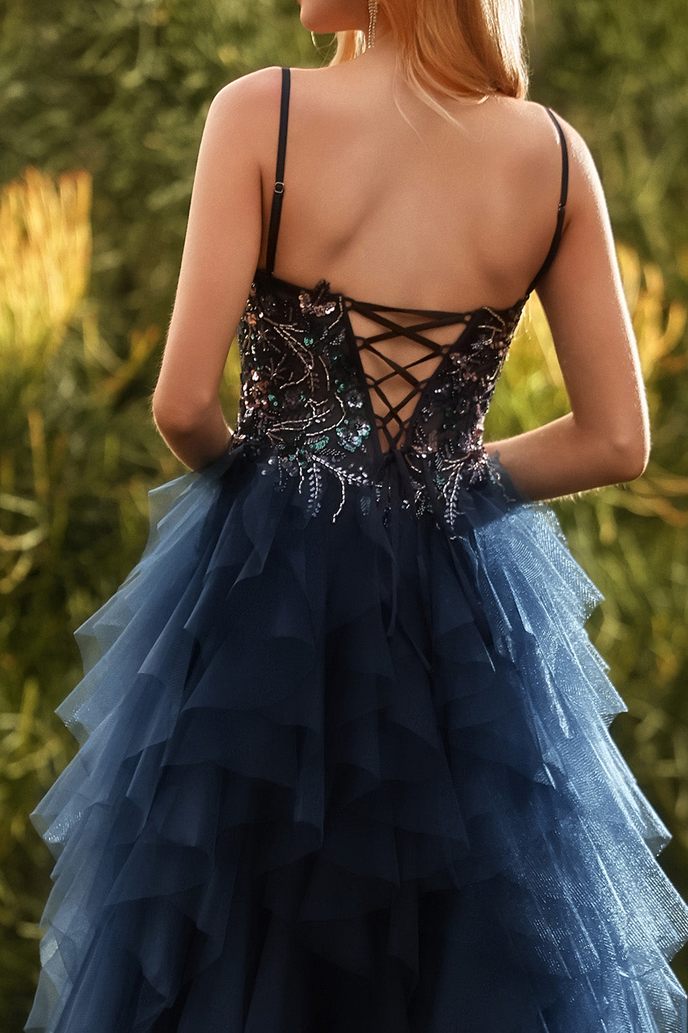 Sparkly Navy Spaghetti Straps Princess Ruffled Maxi Prom Dress with Slit