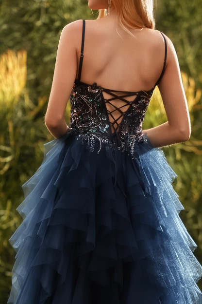 Sparkly Navy Spaghetti Straps Princess Ruffled Maxi Prom Dress with Slit