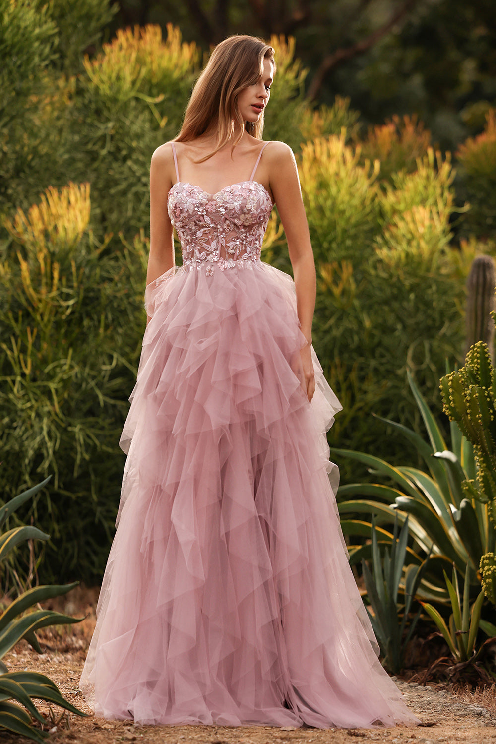 Floral Pink Tulle Spaghetti Straps Ball Gown Maxi Prom Dress