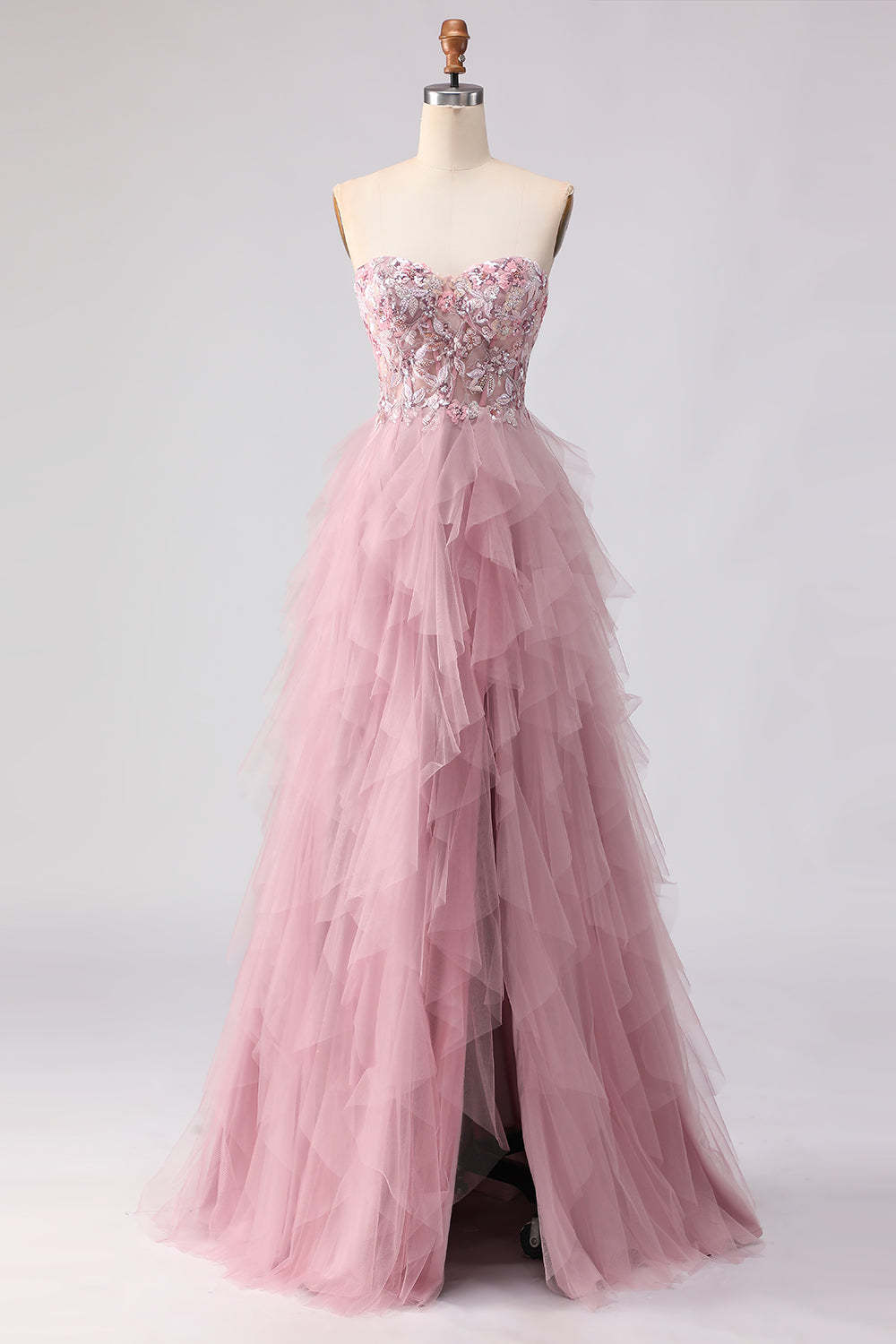 Floral Pink Tulle Spaghetti Straps Ball Gown Maxi Prom Dress