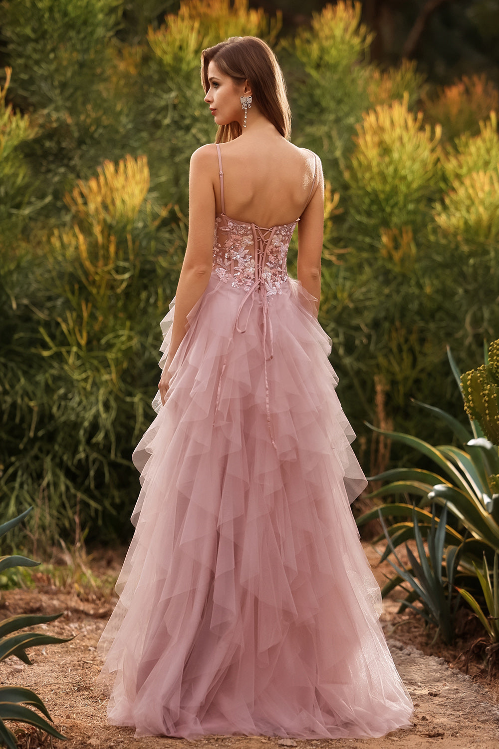 Floral Pink Tulle Spaghetti Straps Ball Gown Maxi Prom Dress