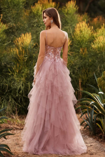 Floral Pink Tulle Spaghetti Straps Ball Gown Maxi Prom Dress