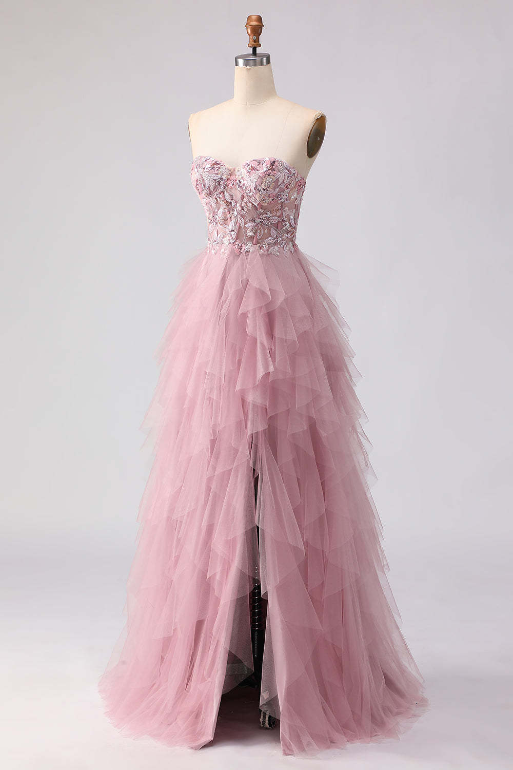 Floral Pink Tulle Sweetheart A Line Long Prom Dress with Beading