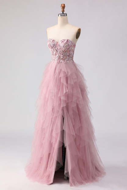 Floral Pink Tulle Sweetheart A Line Long Prom Dress with Beading