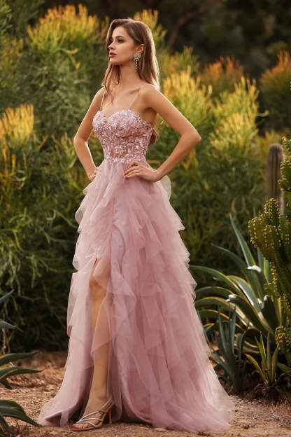 Floral Pink Tulle Spaghetti Straps Ball Gown Maxi Prom Dress